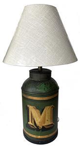 J211 19th century Toleware Tin Tea Canister converted into a lamp. Canister retains wonderful green painted surface with gold and black banding and a large bold font letter M painted in matching black and gold gilt. Tin is circa 1870s. Canister measures 9 ½ diameter x 17 tall.