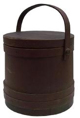 V339    New England original dry red painted  Wooden Firkin, tongue and groove softwood staved sides, tapered lap joint wood bands, bent wood handle with wood peg attachments,12"h. x 12-½"dia.  (natural wear to surface)