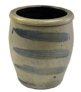 M310 19th century Western Pennsylvania region Wax Sealer canning crock with four (4) cobalt blue stripes decorating the front. Circa 1875. Slightly tapered sides with wax sealer rim. Measurements: 5 &frac34;� top diameter x 4� bottom diameter x 6 &frac12;� tall. 