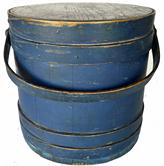 RM1401 � 19th century Pennsylvania beautiful original indigo blue painted firkin with tongue and grooved staved sides secured with steamed and bentwood bands. Each band is secured with small tacks and one tiny staple at the end of the fingerlap. Stunning dry blue painted surface. Clean interior. Measurements: 11 7/8� diameter (top) x 12 ¼� diameter (bottom) x 11 ¾� tall