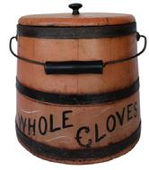 B446  19th century Bucket with the original salmon paint, with the words Whole Cloves in black paint with mustard decoration  Stave construction, with metal bands and bale  swing handle.  13 1/2" tall