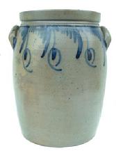 R170 Five-Gallon Stoneware Jar with Elaborate cobalt decoration, Baltimore Maryland origin cira 1860. This is a beauty, with the draping flower decoration in the front and finger decorated around the top on the back 15 1/2" tall