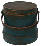 V278 Original blue painted, Wooden Firkin, tongue and groove softwood staved sides, tapered lap joint wood bands, bent wood handle attachments,