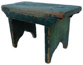 lV418 Original green painted Stool, the legs have a single  mortised through the top and have a very gracefully cut out foot.circa 1830 Very small size showing great wear to the paint measurements are 6" deep 12" wide 7 3/4" tall