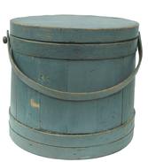 T74 Large  New England gray Covered Wooden Firkin, tongue and groove softwood staved sides, tapered lap joint wood bands, bent wood handle with wood peg attachments,