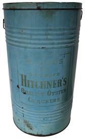 **SOLD** D95 Early 20th century adversting tin for HITCHNER Quality Oyster Crackers, This blue  colored metal can is 27� tall and 15� across with 2 wire bail handles and a pry off lid