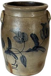 K1620 19th century Pennsylvania 4 gallon Cobalt Blue Decorated Crock attributed to Remmey. The front is decorated with brushed cobalt Tulip style flowers with cobalt brush work decorating the collar and where handle is attached. Hand painted cobalt 4 is painted at bottom of the front. Measurements: 9 ¼ top diameter x 15" tall.  