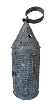 **SOLD** K1747 19th century punched tin Lantern retaining dry gray painted surface. Symmetrically punched and pierced patterned designs consisting of dots and dashes, along with circular holes in conical top for venting purposes.