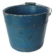C76  19TH CENTURY STAVED WOODEN PAIL IN ORIGINAL BLUE PAINT - This is a wooden pail or bucket .. The pail has two firm metal bands encircling the tight wooden staves. In excellent condition, the bucket is  in the old and original blue  paint.wire bail swing handle with handle grip Measurements are 12' diameter x 10" tall