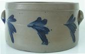 Q385 Brush decorated unmarked butter or cake crock , Pennsylvania , Ca. 1850-1860 9 1/2" diameter x 5 1/2" tall