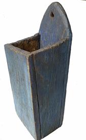 G386 19th century Virginia original blue painted Wall Box / Pipe Box, with hand hewn high arched back and hole for hanging.  Canted front.  Wire nail construction. Circa 1870 - 1890. Measurements are 12 1/2" tall x 4 3/4" wide x 4 3/8" at deepest point