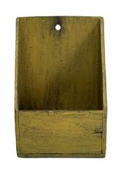 **SOLD** M1169 19th century Pennsylvania wooden Wall Box retaining its original mustard painted surface, featuring sloping sides with a hole in back for hanging purposes and great patina. The wood is pine with small wire nail construction. Circa 1870s-1880s. Measurements: 5 &frac12;� wide x 3 &frac12;� deep x 8 &frac14;� tall (back) x 3 1/8� tall (front).  