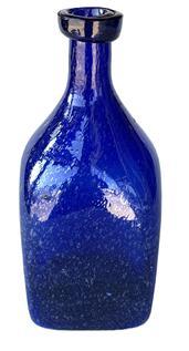 **SOLD** K141 Stunning Cobalt Blue glass bottle from New England. Heavily bubbled glass bearing a sheared top with applied lip and rough pontil mark on bottom. Circa 1740s  1800s. Approximate measurements:  3 ¼ square bottom x 8 ¼ tall.  