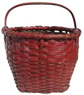 X232 Late 19th century Gathering Basket with the original red paint, single wrapped rim, steamed and bent fixed handle , open weave bottom, for ventilation,