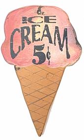 G795 Wooden advertising trade sign in the shape of a large Ice cream cone - advertising �Ice Cream 5c� Great folk art style with nice colors and painted details that are both realistic looking and visually pleasing. Hole in top for hanging. Measurements: 14 1/4� wide x5/8� thick x 23 1/2� tall.  