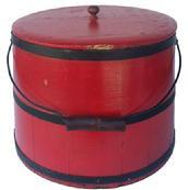 Y192 19th century Covered Sugar Firkin with old red paint, staves sides with black painted bands, lid with porcelain knob, wire bail swing handle with handle grip. Measurements are: 10 1/2" tall 