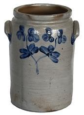 **SOLD** K1550 A very impressive Peter Hermann Baltimore, MD large crock with applied handles � stamped �3� - decorated with a characteristic stemmed clover motif design that is associated with wares made in Baltimore, MD. A sweeping pattern of brushed flowers enhances this rare, oversized vessel. Peter Hermann was one of Maryland�s premier 19th century potters. Circa 1855 � 1870. Chips to rim. Measurements: Top opening is out of round and measures 9� x 8�. Overall height is 13 &frac12;� tall.   