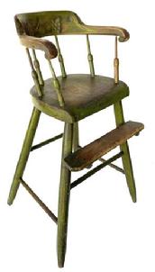 G134 EARLY DECORATED FIREHOUSE WINDSOR YOUTH CHAIRS. 19th century.. with turned spindles, and stretcher base. The overall body paint is green, and decorated with fruits in green, mustard and red . Having gilt highlights and pin stripping down the legs 