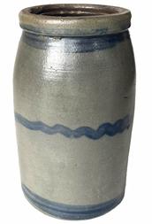 G705 Western   Pennsylvania Strip decorated Wax Sealer, circa 1875 straight sided jar with wax sealer rim. decorated with three brushed cobalt strips, very good condition,   8 1/2" tall x 5" wide