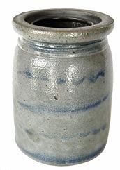H271 19th century Western Pennsylvania region Wax Sealer canning crock with five blue stripes decorating the front. Circa 1875. Cobalt stripes alternate with straight and squiggly lines which adds to the visual appeal of this crock. Slightly tapered sides with wax sealer rim. Very good condition. Measurements: 5 1/8� diameter top, 6� diameter bottom, 7 ¾� tall.