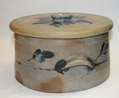 U181 Cobalt decorated stoneware Butter Crock, Baltimore MD. origin circa 1870 crock decorated with brushed cobalt leaf and cobalt at the handles 9 1/2" wide x 8 1/4 diameter x 4 1/2" tall