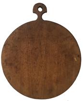 D575  19th century New Englan  wooden  cutting board, with old natural patina, shape top with hold for hanging Measures 19 " tall x 18" long 