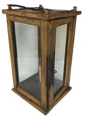 D419 19th century ,Lantern pinned construction. Four windows are contained within a wooden box frame that is pine; original old dark mustard paint with attic surface. To access the candle you have to open the door. Measurements are 6 1/2" x 6 1/2" x 12 1/2"