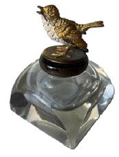 L7 Early 20th century , large cut crystal inkwell with highly detailed figural cast gilded bird on hinged lid. Circa early 1920s. Great condition. Overall measurements: 2 ½ x 2 ½ x ~3 ¼ tall.  The bird measures approximately 1 ¾ long x 1 wide x 1 ¼ tall .  