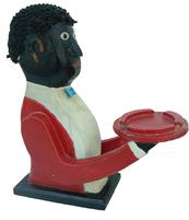 LL 104 Early 19th century  exceptional folk art figural ashtray. Carved wooden figure of an African American butler holding a  wooden tray. He wears a red coat , white shirt and blue bowtie.. 13" tall x 12 long x 1 1/2" wide 