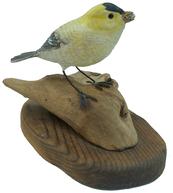 W243 Hand Carved Gold Finch stand on drift wood sign Olaine Becker 1979