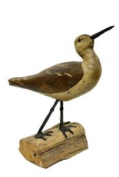 **SOLD** M231 Hand carved Dowitcher Decoy signed C.H. Colby of Maine with glass eyes and original surface, mounted on a great piece of sturdy driftwood. Circa 20th century. Fantastic piece of Folk Art! Approximate measurements: 11 long x 3 wide x 12 tall overall. (Base measures 4 ¼ x 2 tall.)