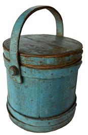 F206 - Stuning Robin Egg Blue painted firkin  with steamed and bent finger lapped joints with tiny square nails and copper tack construction.  Age appropriate patina inside.  Measurements:  9 1/2" tall x 9" top diameter