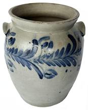 J188 Tall 5-gallon heavily cobalt-blue decorated crock with tooled shoulder, squared rim, and applied lug handles attributed to the Remmey Pottery, Philadelphia, PA. Decorated on the front and reverse with a handle-to-handle floral motif and a �5� inscribed on the rim.