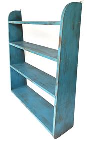 J249 19th century New England original blue painted hanging shelf boasting canted sides and mortised shelves. Measurements: 31 ¼� wide x 36� tall. 6� deep at top and 8 ¼� deep at bottom