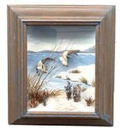 M67 Diorama of two Canvasback ducks in a serene snow-covered natural streamside setting. The Drake (male) and Hen (female) are both in flight, with wings in position of preparing to land. Frame bears scant remnants of original blue paint. Signed on back "Original by R.G. Rodell � Canvas Back". Extremely detailed in the decoy carvings, as well as the setting depicted around them. Maker is known to use balsa wood for his carvings and curved backgrounds and he incorporates a hand oil-painted background with dried live plant materials to create a natural vegetation setting for his decoy creations. Circa late1930's. Overall dimensions of the diorama are 14 &frac34;� tall x 12 &frac34;� wide and the beautiful oak case is 3 3/8" deep.  The viewing area (glass) measures 9 5/8� tall x 7 &frac12;� wide. 
