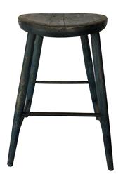 L23 Early 19th century  Windsor Stool from New England,  saddle  seat is 14" diameter, heavily carved and worn, chamfered outside, early blue over the original blue  paint . bamboo turning. Great splayed legs 26 1/2 tall