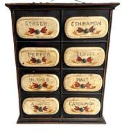 L328 Mid 19th century Tin Toleware Spice Box featuring 8 drawers with oval fronts bearing hand painted labels for Ginger, Cinnamon, Pepper, Cloves, Nutmeg, Mace, Allspice, and Cardamon.  The base paint is a technique called �Black Japanning�, which was a technique used on early metals to render it rust proof � perfect for such items as spice boxes. Circa 1850s. Measurements: 9� wide x 3 &frac12;� deep x 11 &frac14;� tall.  Drawers measure 2 7/8� x 2 7/8� deep with 3 &frac12;� wide x 1 &frac12;� tall oval drawer fronts. 