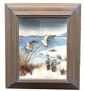 M67 Diorama of two Canvasback ducks in a serene snow-covered natural streamside setting. The Drake (male) and Hen (female) are both in flight, with wings in position of preparing to land. Frame bears scant remnants of original blue paint. Signed on back "Original by R.G. Rodell � Canvas Back". Extremely detailed in the decoy carvings, as well as the setting depicted around them. Maker is known to use balsa wood for his carvings and curved backgrounds and he incorporates a hand oil-painted background with dried live plant materials to create a natural vegetation setting for his decoy creations. Circa late1930's. Overall dimensions of the diorama are 14 &frac34;� tall x 12 &frac34;� wide and the beautiful oak case is 3 3/8" deep.  The viewing area (glass) measures 9 5/8� tall x 7 &frac12;� wide. 
