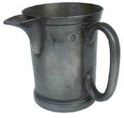 X57 Pewter pint  Measure, large pour spout,( side spout measure)  applied handle, molded footed base touch mark on the side is a crown with the number 31