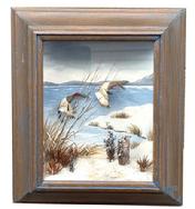 M67 Diorama of two Canvasback ducks in a serene snow-covered natural streamside setting. The Drake (male) and Hen (female) are both in flight, with wings in position of preparing to land. Frame bears scant remnants of original blue paint. Signed on back "Original by R.G. Rodell Canvas Back". Extremely detailed in the decoy carvings, as well as the setting depicted around them. Maker is known to use balsa wood for his carvings and curved backgrounds and he incorporates a hand oil-painted background with dried live plant materials to create a natural vegetation setting for his decoy creations. Circa late1930's. Overall dimensions of the diorama are 14 ¾ tall x 12 ¾ wide and the beautiful oak case is 3 3/8" deep. The viewing area (glass) measures 9 5/8 tall x 7 ½ wide.