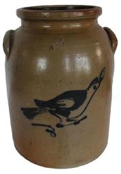 C552 Ottman Brothers and Co. Stoneware Crock, Fort Edward, New York, 1879- 1889  large saltglazed stoneware crock butter churn  marked 2 gallons  decorated with cobalt blue bird and applied lug handles,  good condition