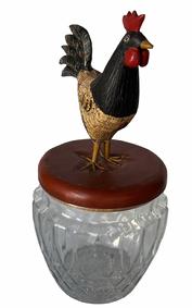 H940 Folk Art hand carved wooden Rooster on wooden canister lid - with vintage glass canister included. Signed on bottom "June & Walter Gottshall 1984". 
