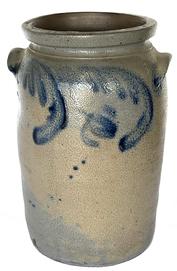 O538 Large cylindrical Crock with ears and cobalt decoration. Stamped '3'. Measurements: 8" diameter (top opening) x 8 3/8" diameter (bottom) x 14 5/8" tall  