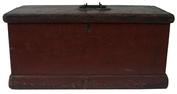 W386 New England  Document box Ca 1820 pine wood  original red surface and Blacksmith made  heart  hardware nail construction square head nails  16 3/4 wide e x 8 1/2" deep x 8" tall