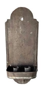 L232 Unique early 19th century hanging Tin Wall Sconce featuring two candle sockets within a demilune dish / drip pan boasting a rolled tin scroll-shaped support below the drip pan. The tombstone shaped back bears a hole for hanging purposes and simple decorative wriggle work along the edges. All solder joints are secure. Measurements: 6 ¾ wide x 4 deep x 16 tall.