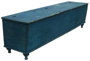 W319 Early 19th century split lid Wood Box, with dovetailed case canted front, very graceful turned foot, one board square head nail construction, old indigo blue paint over the original robin egg blue paint. 