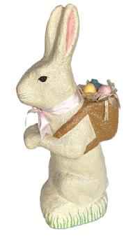 M18 Large handmade and sugared paint decorated papier mache bunny rabbit with basket of eggs on its back. Signed by maker next to its tail Teena (Teena Flanner). Mid-20th century. Measurements: bottom is 9 deep x 7 wide and overall height is 26 ½ tall.