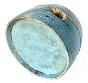 J233 18th Century Revolutionary War Blue Painted wooden Canteen. A fabulous Revolutionary War era canteen having the best dry, subtle original blue painted surface. The canteen has a turned banded pattern, original dry blue paint and a hole for a spout. American, c.1770-1800. Measurements: 6 ½ x 6 diameter x 4 deep