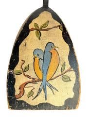 M77 Victorian wooden painted Folk Art Door Stop with tall, shaped iron handle featuring hand painted Folk Art birds on a limb. Unsigned. The solid wooden base measures 7 wide x 4 deep x 8 tall. Overall height with iron handle is 23 ¾ tall.