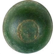 G417  19th century  treenware turned wooden bowl out of round  with old green paint and  a wide rim, wonderfu exterior, natural patina on the inside that comes from years of use. No cracks or breaks Measurements are:10" diameter 2 1/2" tall